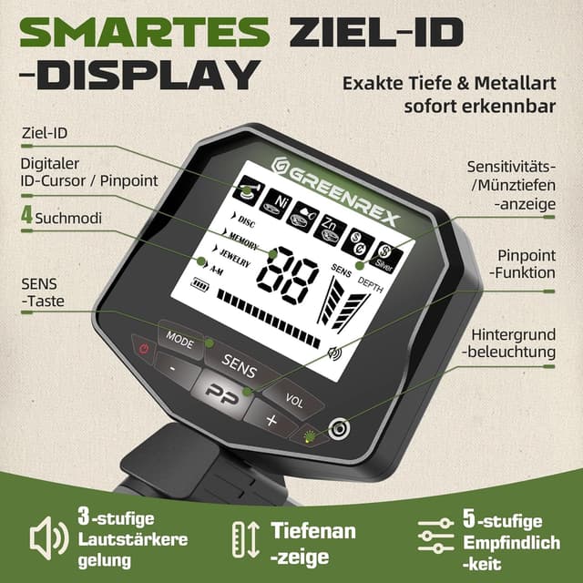 Detalle de GreenRex Metalldetektor Profi mit IP68 25,4-cm-Spule und großem LCD-Display