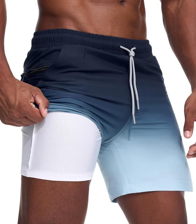 Detalle de Danfiki men’s 2 in 1 swimming shorts with mesh compression liner, zipper pockets & gradient quick-dry