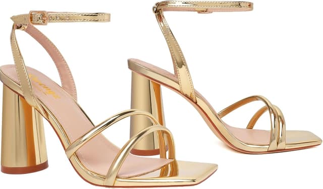Detalle de RIBONGZ Block Heels Prom Heeled Sandals for Women with Ankle Strap (Square Open Toe, Strappy High Heels)