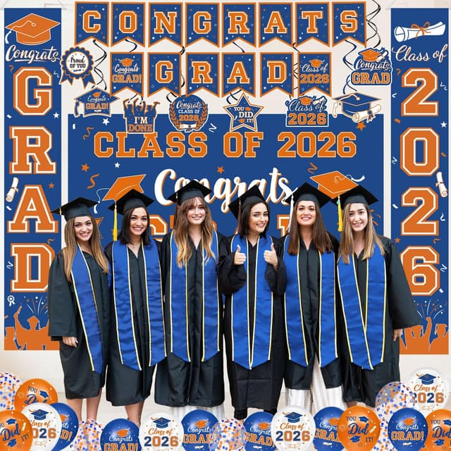 Detalle de Graduation Blue and Orange Decorations 2026 Set (Grad Backdrop, Banner, Swirls, Porch Sign, Foil & Latex Balloons)