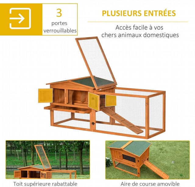 Detalle de PawHut clapier en bois pour lapins à 2 étages avec toit ouvrant et tiroir à déjection