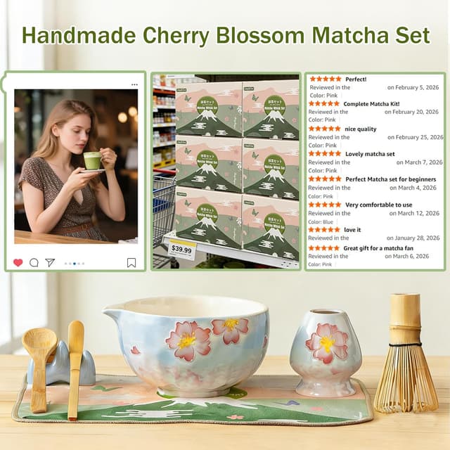 Detalle 2 de Clay&Fire Matcha Whisk Set (9-Piece) with Cherry Blossom Chawan (Cherry Bloom)