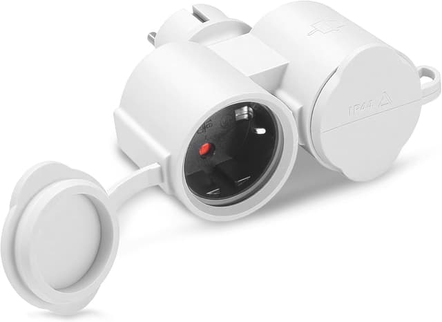 Detalle de BOSYTRO Doppelstecker für Steckdose Adapter (IP44, geerdet) – 2-Ausgänge für Innen- und Außenbereich