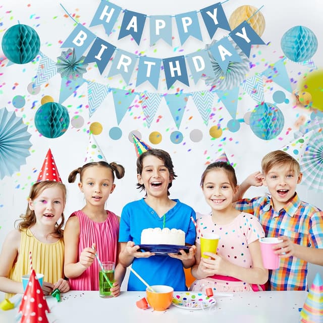 Detalle de Meowoo Geburtstagsdeko in Blau – Happy Birthday Girlande, Wimpelkette, Wabenblumen und Papierfächer (wiederverwendbar)