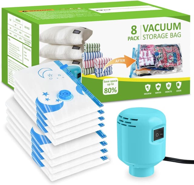 Detalle de SZO Sacchetti sottovuoto per piumoni con pompa elettrica Viaggio Sgonfiaggio rapido, 8 pezzi (4 jumbo + 4 grandi)