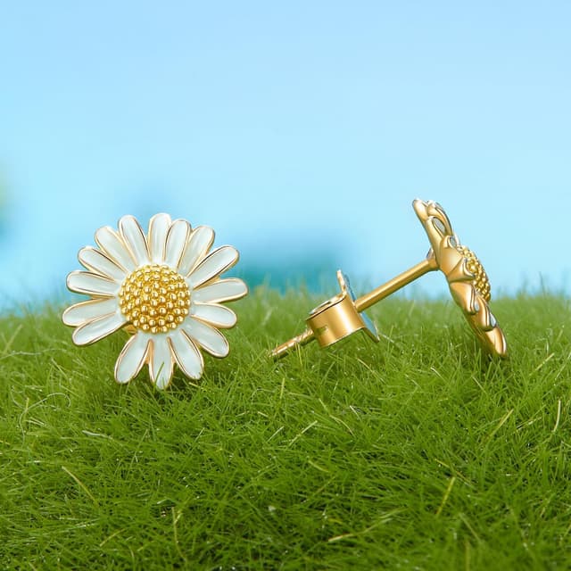 Detalle de Qings Sterling Silber 925 Blume Ohrringe (Vierblättriges Kleeblatt & Gänseblümchen) mit Zirkonia – Ohrstecker