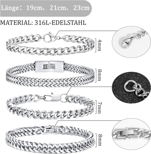 Detalle de Esmoly Herren-Armband Set in Silber (4 Stück) aus 316L-Edelstahl – stapelbar, hypoallergen