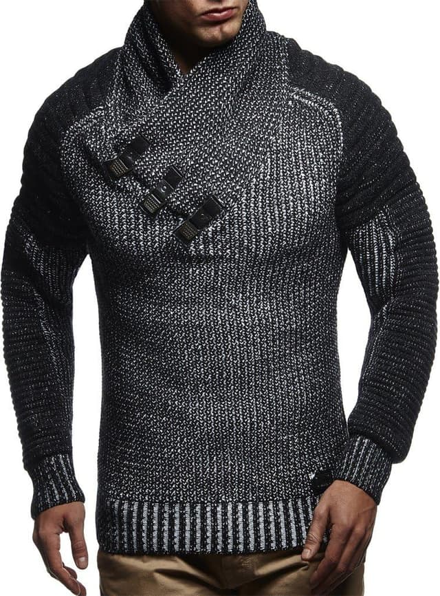 Detalle de Leif Nelson LN5225 : pull hoodie en tricot col châle pour homme, coupe ajustée