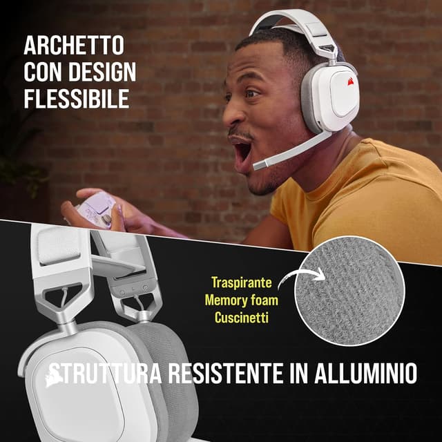 Detalle de CORSAIR HS80 RGB Wireless: cuffie da gioco multipiattaforma con Dolby Atmos e microfono omnidirezionale