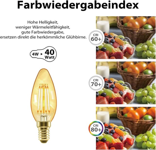 Detalle de LVWIT Vintage Glühbirne E14 Kerzenlampe 4 W (410 lm) – 2500 K, warmweiß, nicht dimmbar, 6er-Pack