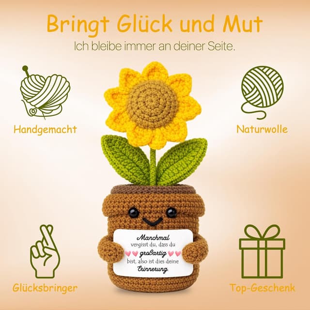 Detalle de Farbeele Positiver Sonnenblumen & Glücksbringer-Schlüsselanhänger Set – Pocket Hug als Geburtstagsgeschenk