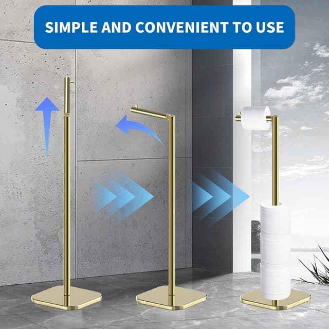 Detalle de Free Standing Stainless Steel Toilet Roll Holder Stand (Heavy-Duty Base) for 6 Rolls — Golden Chrome Finish