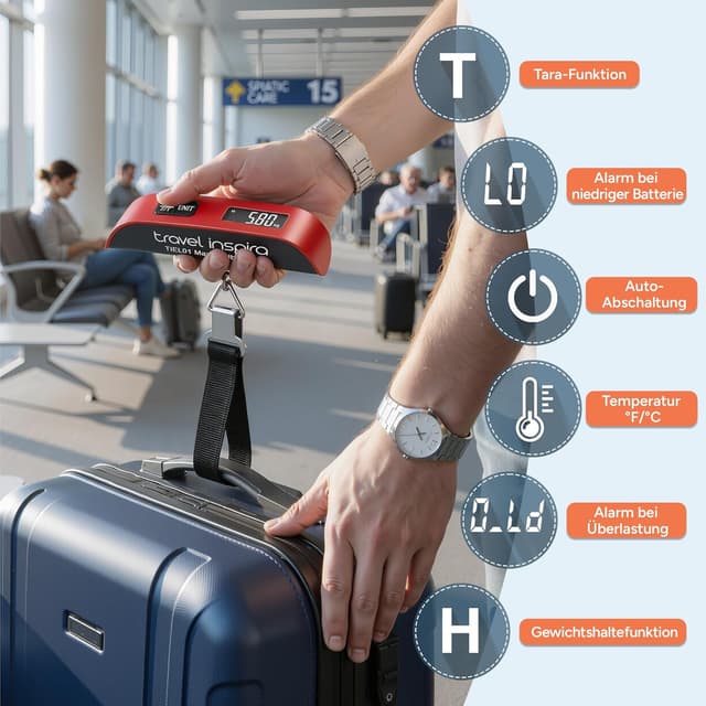Detalle de travel inspira digitale Kofferwaage mit Haken bis 50 kg (Reisewaage, rot)