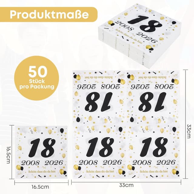 Detalle 2 de 50 Stück Servietten zum 18. Geburtstag (2008–2026) Schwarz-Gold mit „Schön dass du da bist“