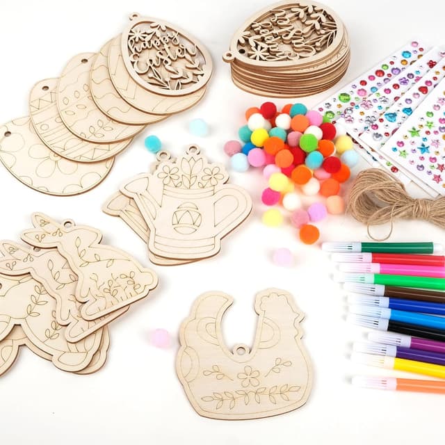 Detalle de ARTREE lot de 30 pendentifs en bois à peindre pour enfants (Pâques et printemps) avec stylos, autocollants, pompons et corde