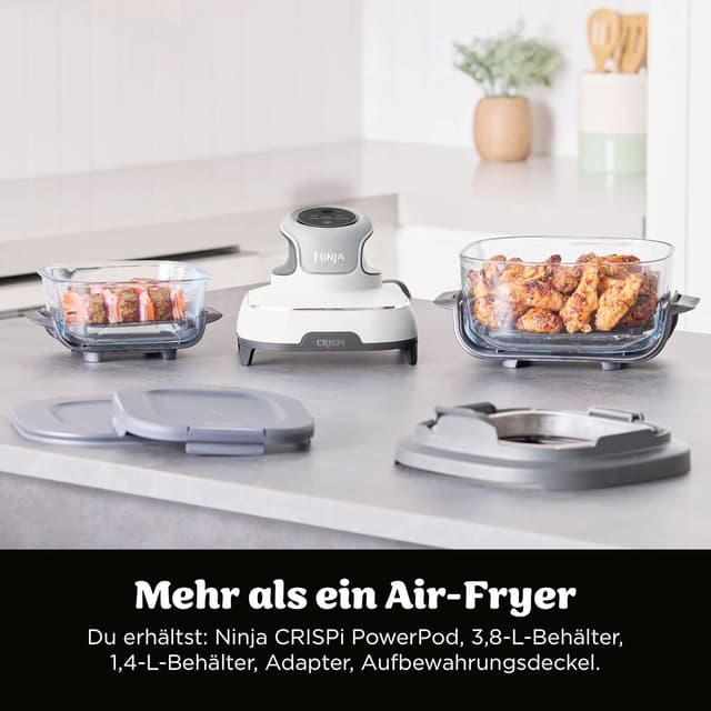 Detalle de Ninja CRISPi Tragbare Heißluftfritteuse FN102EU (4-in-1) mit Tragetasche, 2 Glasbehältern 1,4 l & 3,8 l