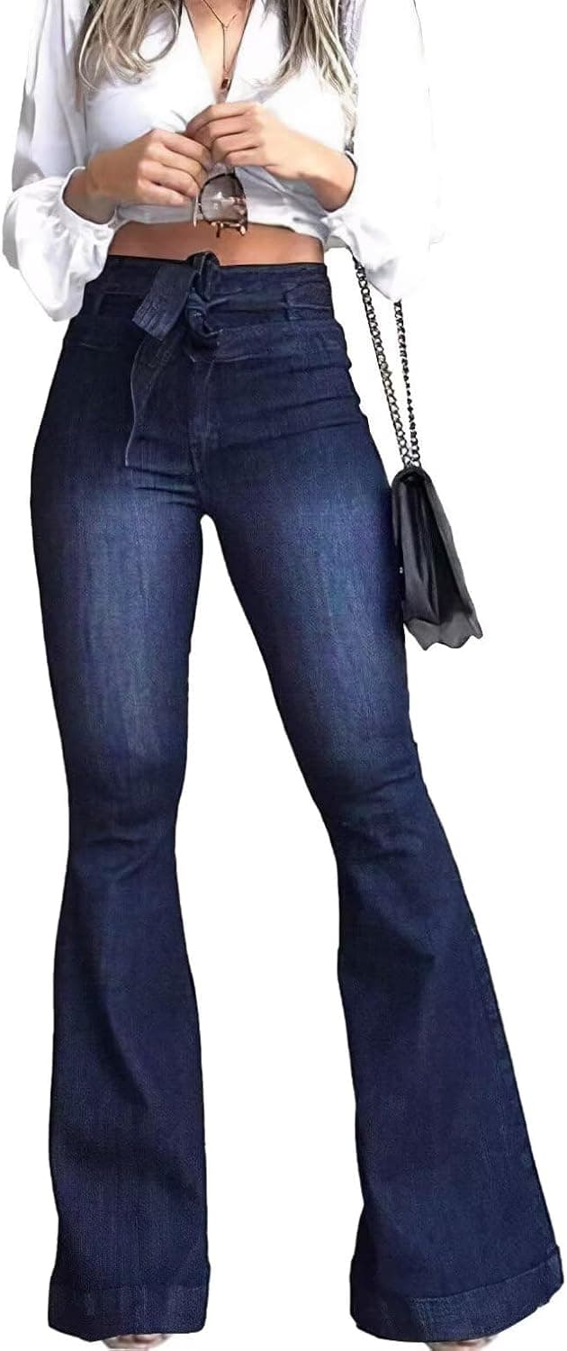 Detalle de KDF High-Waisted Flare Jeans for Women with Removable Belt (Stretch Wide-Leg Bell Bottoms)