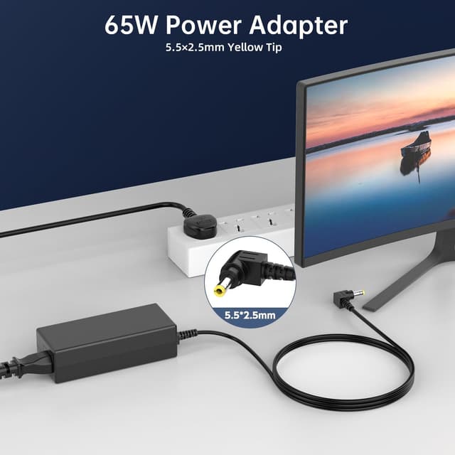 Detalle 2 de Etssembo 65W 19V 3.42A Power Adapter for HP Pavilion monitors (Yellow 5.5x2.5mm right-angle, UK plug)