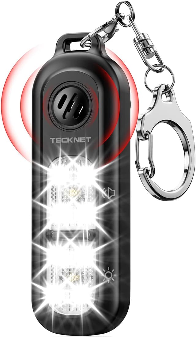 Detalle de TECKNET Taschenalarm für Frauen mit 135 dB & Stroboskoplicht, wiederaufladbare Sirene (IPX4) – schwarz