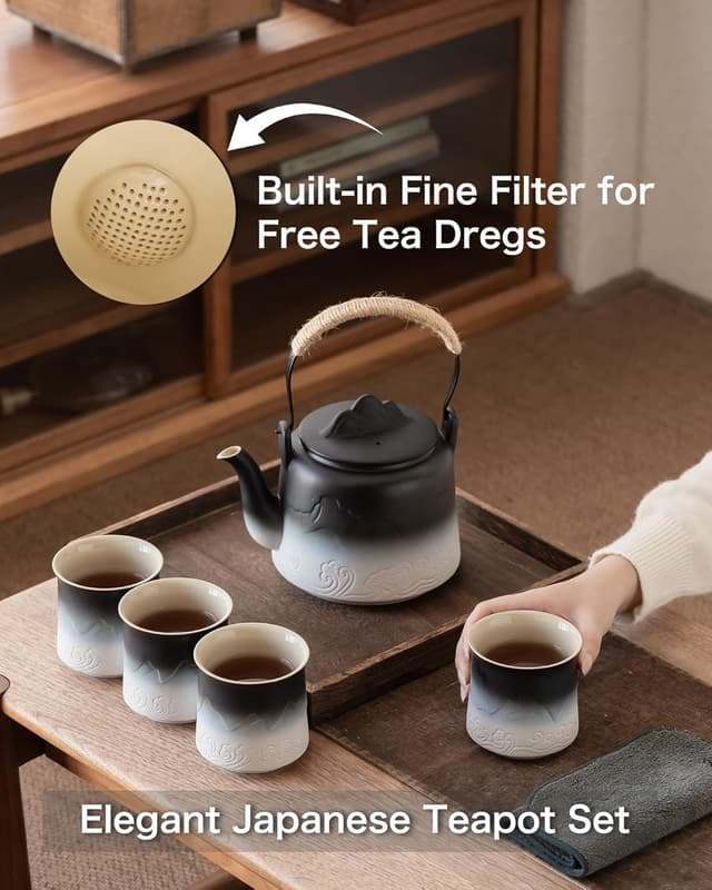 Detalle de ZENS Vintage Japanese Tea Set – 1000ml embossed teapot with built-in strainer, 4 cups