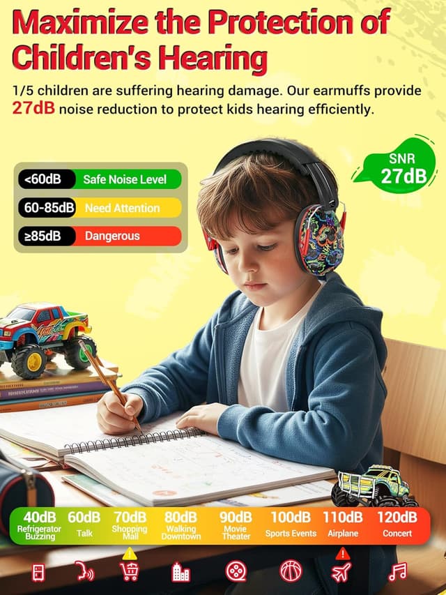 Detalle de Dr.meter paraorecchie per bambini con protezione dal rumore SNR 27 dB (3–12 anni), pieghevoli