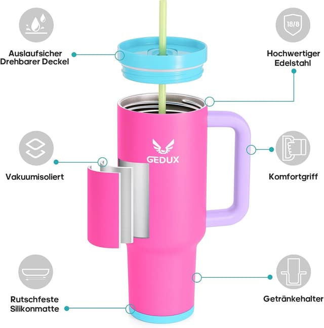 Detalle de Gedux Trinkflasche mit Strohhalm 1,2 l – Thermobecher mit Griff, auslaufsicherem Deckel & Vakuumisolierung