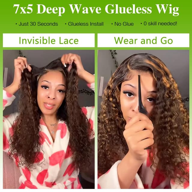 Detalle 2 de QUANDIAN 7x5 Glueless HD Lace Deep Wave Wig (26 Inch) with Drawstring, Pre-Plucked & Pre-Cut 210% Density