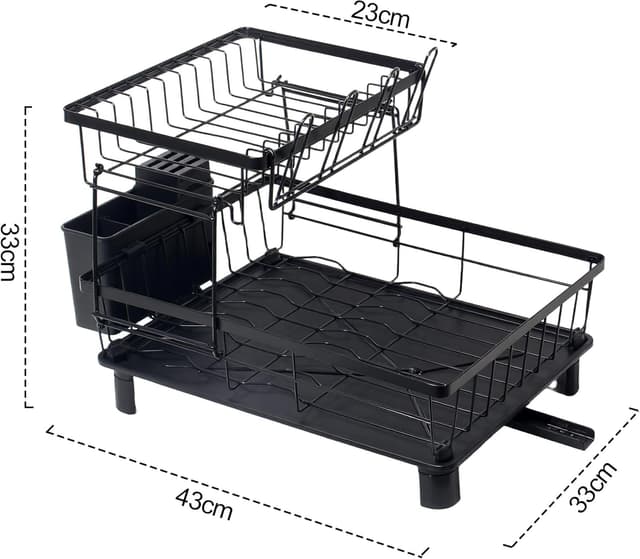 Detalle de Theo & Cleo 2-stufiges Abtropfgestell für Geschirr mit 360° drehbarem Auslauf & Abtropfschale (schwarz)