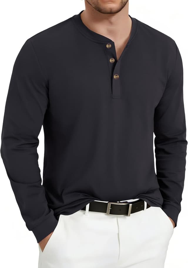 Detalle 2 de KEFITEVD Henley-Hemd Langarm für Herren aus Baumwolle mit Knopfleiste