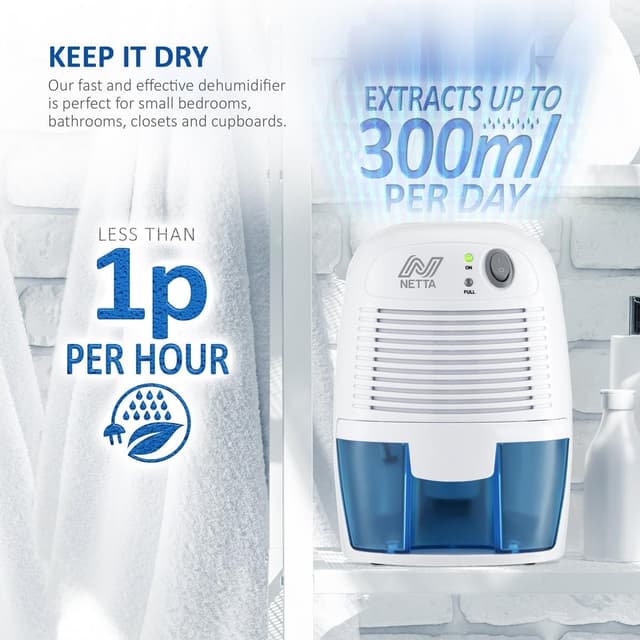 Detalle de NETTA Mini Air Dehumidifier (Blue) – 500ml portable damp & mould dehumidifier for small rooms