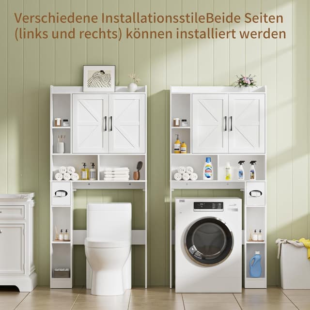 Detalle de BonVache Waschmaschinenschrank mit 2 Türen und Seitenfach – weiß, mit verstellbaren Ablagen
