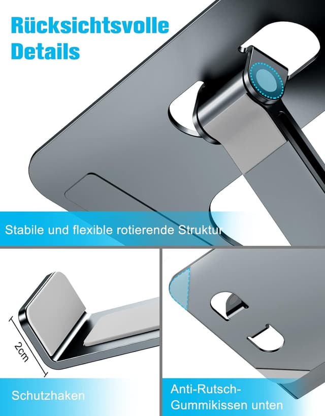 Detalle 2 de Babacom Laptop Ständer höhenverstellbar & faltbar aus Aluminium (10–16 Zoll, grau)