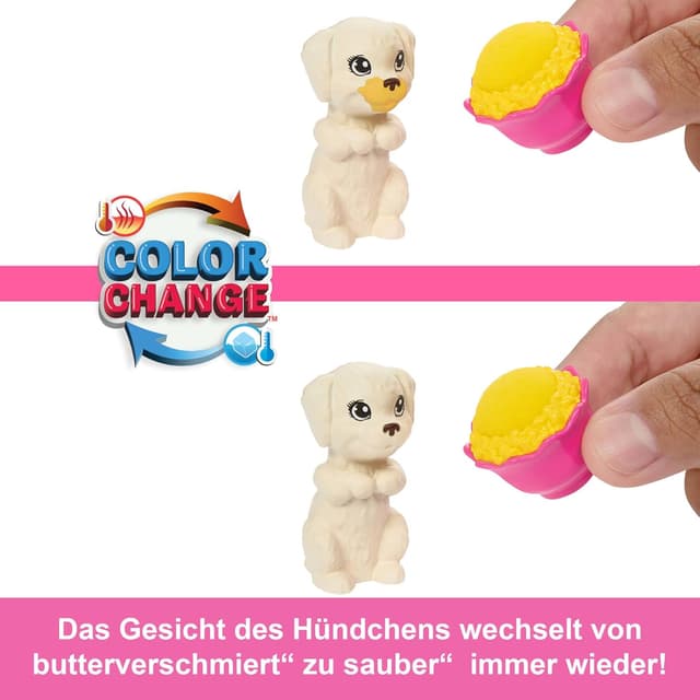 Detalle 2 de Barbie Spielset „Welpen-Pyjama-Party“ (HXN01) mit Puppe, 2 Spielzeughunden und über 10 Zubehörteilen