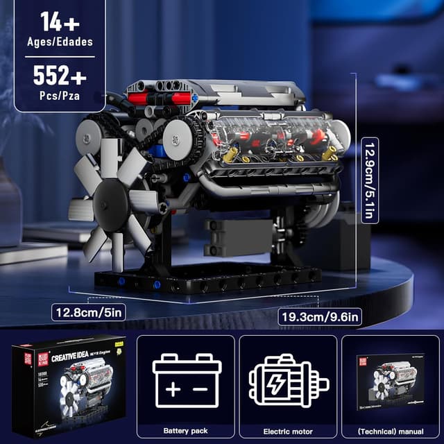 Thumbnail 1 de Mould King 10088 Technik V8-Motor Bausatz (535 Teile) – transparentes Funktionsmodell mit Antrieb zum Mitmachen