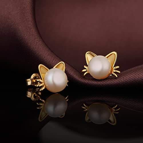 Detalle de Pendiente Gato Perla de plata de ley 925 con perla cultivada de agua dulce (jiamiaoi)