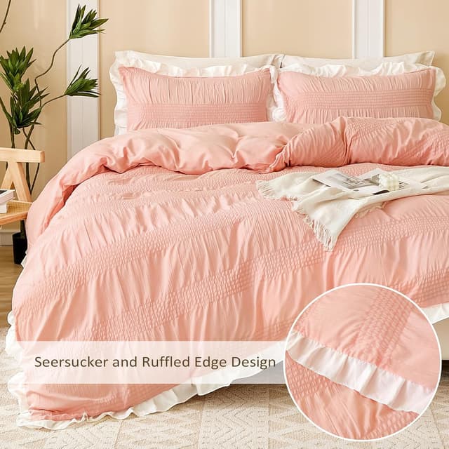 Detalle de Guchuang King Size Pink Ruffled Duvet Cover Set (3-piece) with hidden zipper
