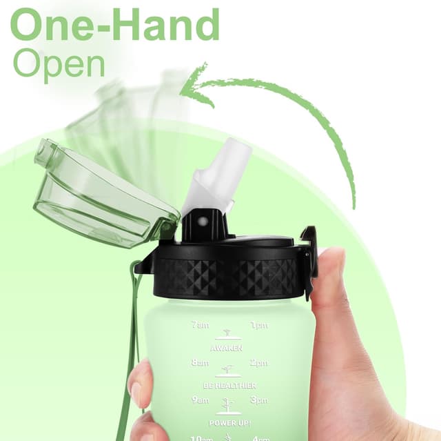 Detalle de GOPPUS 350ml Kids Water Bottle with Straw Lid, Strap and Time Markers (Sage Green Ombre)
