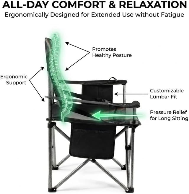 Detalle de FAIR WIND 2-Pack Fully Padded Oversized Camping Chairs with Adjustable Lumbar Support, Cooler Bag & Cup Holder (500 lbs Capacity)