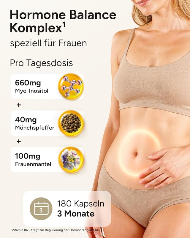 Detalle 2 de Hormon Balance Frauen 14fach PMS Kapseln (180 Kapseln) mit Myo-Inositol, OPC, Frauenmantel & Vitamin B6