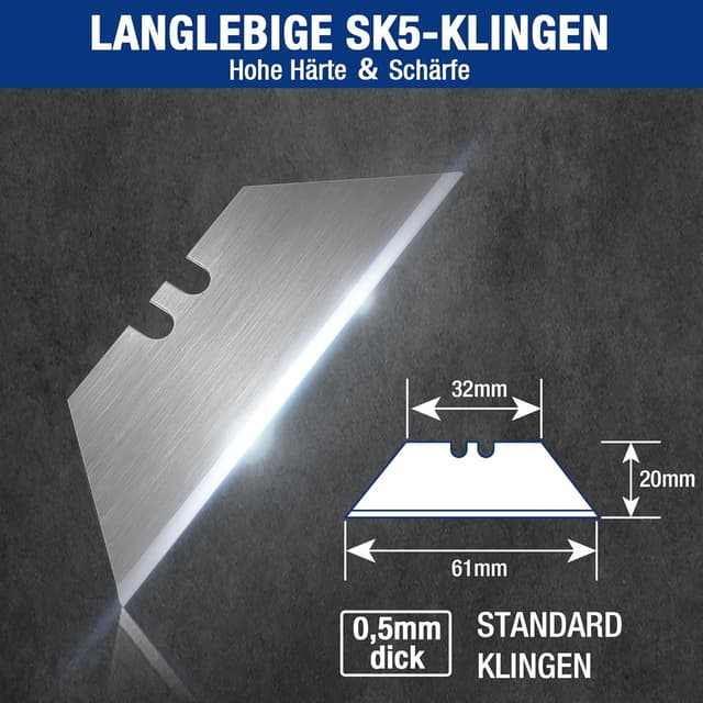 Detalle 2 de WORKPRO Trapezklingen Set (100-tlg.) SK5-Stahl, 0,6 mm Klingenstärke – Ersatzklingen im Spender