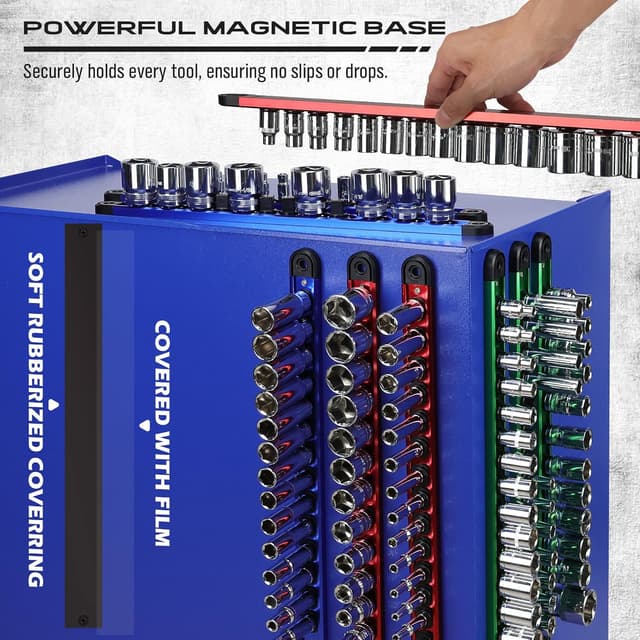 Detalle de Magnetic Socket Holder Organizer Set (9-Piece) for 1/4, 3/8, and 1/2 Sockets — Detachable Rail Trays