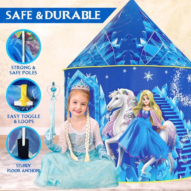 Detalle 1 de W&O Frozen Princess Tent for Girls (Ages 3-7) with Magical Sound Button, LED Lights, Crown & Wand