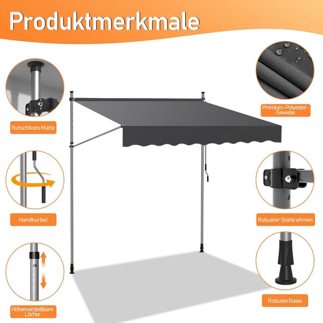Detalle 2 de Fiqops Klemmmarkise Balkon höhenverstellbar 300×120×200–300 cm grau – ohne Bohren