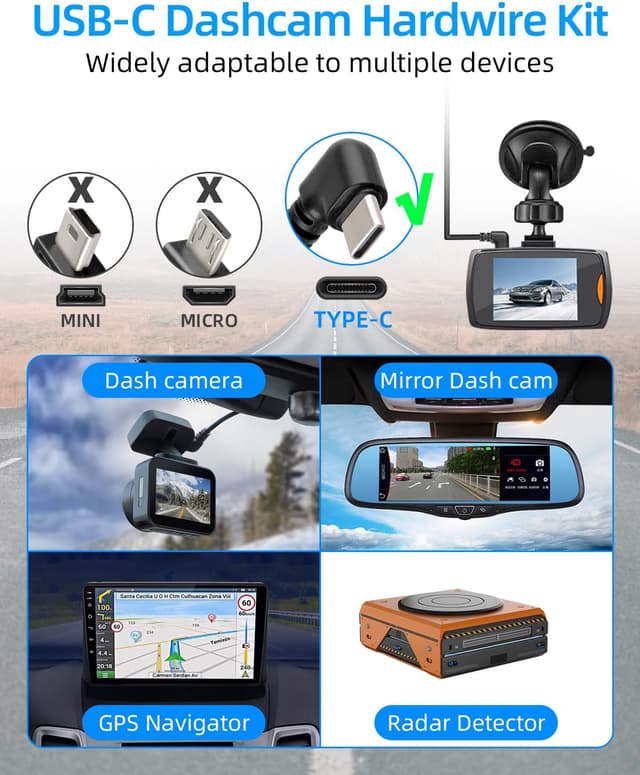 Detalle de RIIEYOCA USB-C Dash Cam Hardwire Kit with LED Screen (12V–24V to 5V) with ACC support