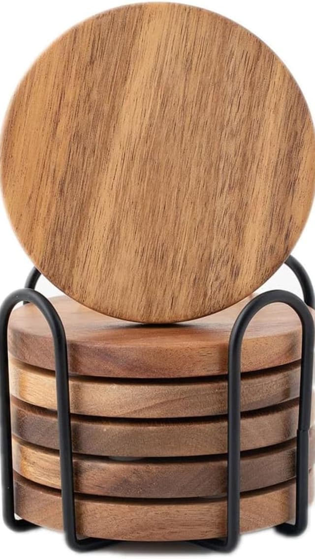 Detalle de WLWNWFT Acacia Wood Coasters Set of 6 with Holder (Black) – Round coasters with non-slip pads