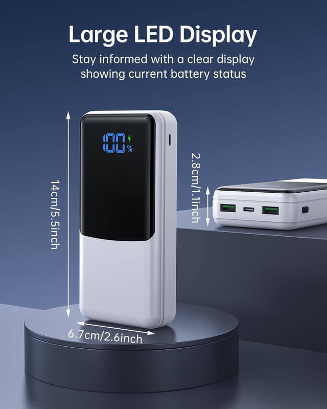 Detalle de Coblob 27000mAh power bank with PD 3.0 fast charging, USB-C & micro inputs, 3 outputs (white)
