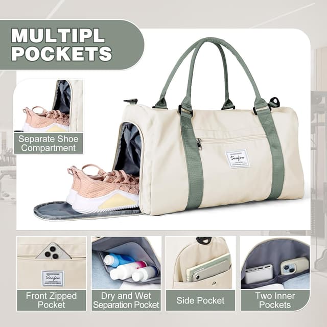 Detalle 2 de WEPLAN Sport-Duffel-Tasche mit Schuhfach & Nassfach (Handgepäck/Weekender) – Beige mit Grün