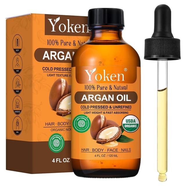 Detalle de Yoken Organic Argan Oil for Hair (USDA Pure, 4 Fl Oz) — cold-pressed argan oil for hair, scalp, face & skin
