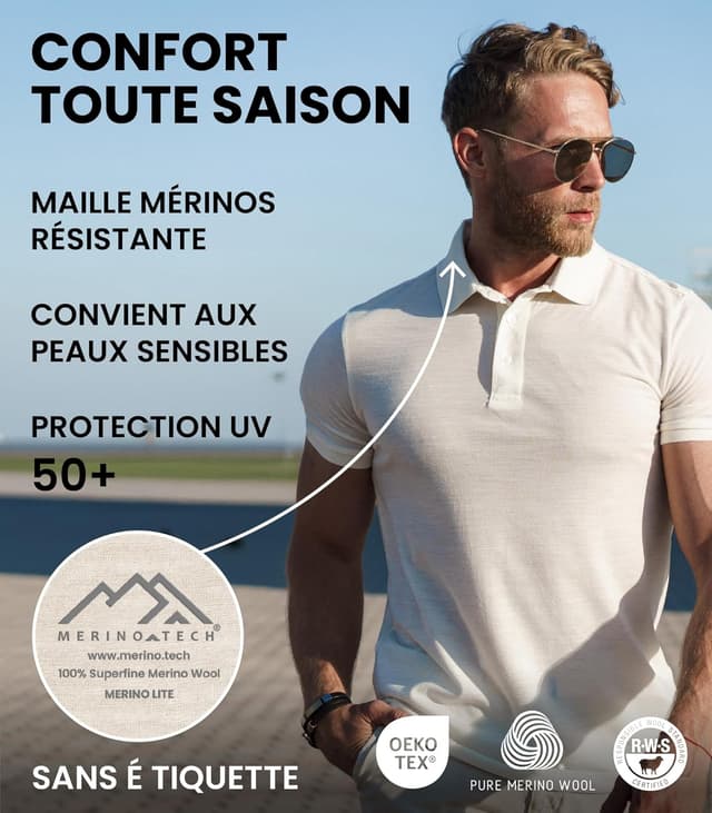Detalle de Merino.tech Merinos Polo Homme en laine mérinos (100%) — polo léger manches courtes ou longues