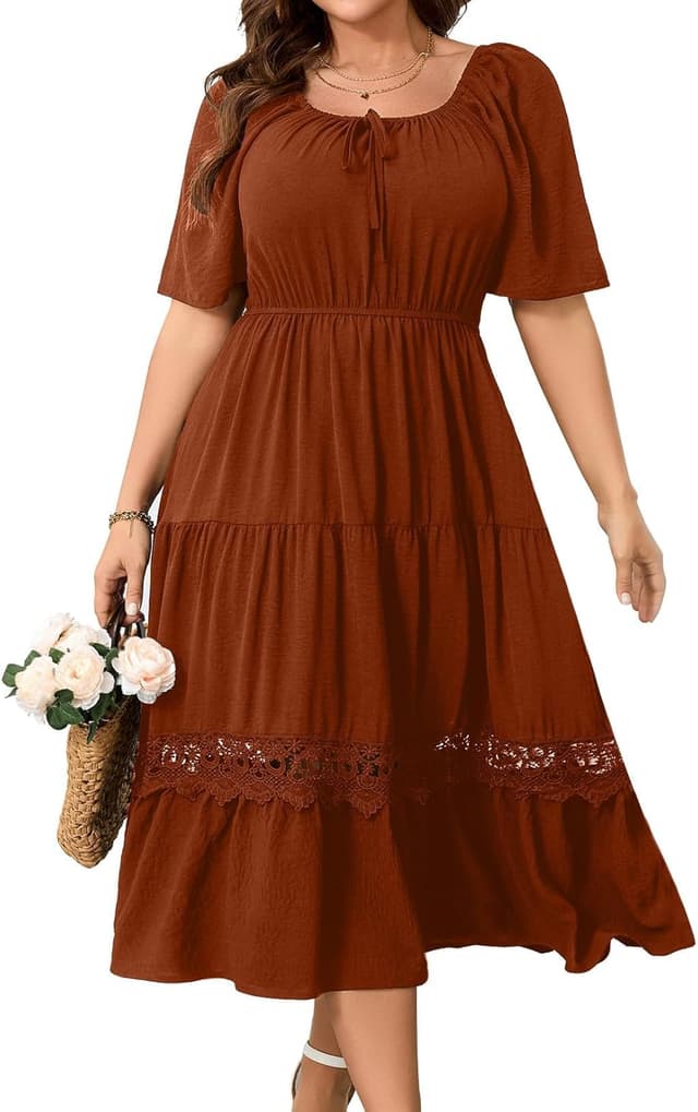 Detalle de RWJ Women’s Plus Size Maxi Dress with Square Neck, Flutter Sleeves & Lace Trim